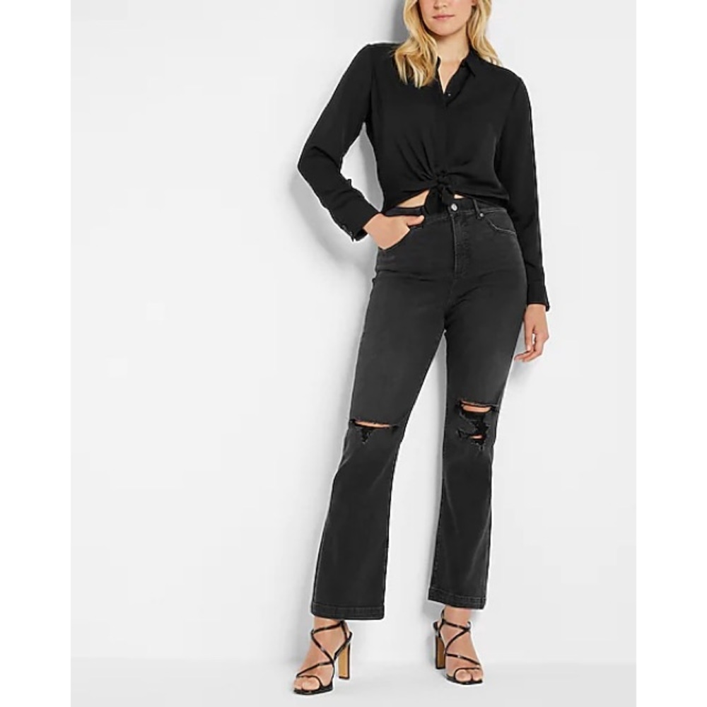 EXPRESS High Waisted Black Ripped 90s Bootcut Jeans